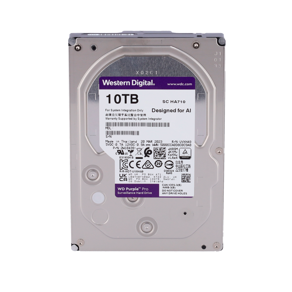 Western Digital hard drive - Designed for smart videos 24/7 - 10 TB capacity - SATA 6 Gb/s interface - Model WD101PURA - Supports 64 high definition cameras