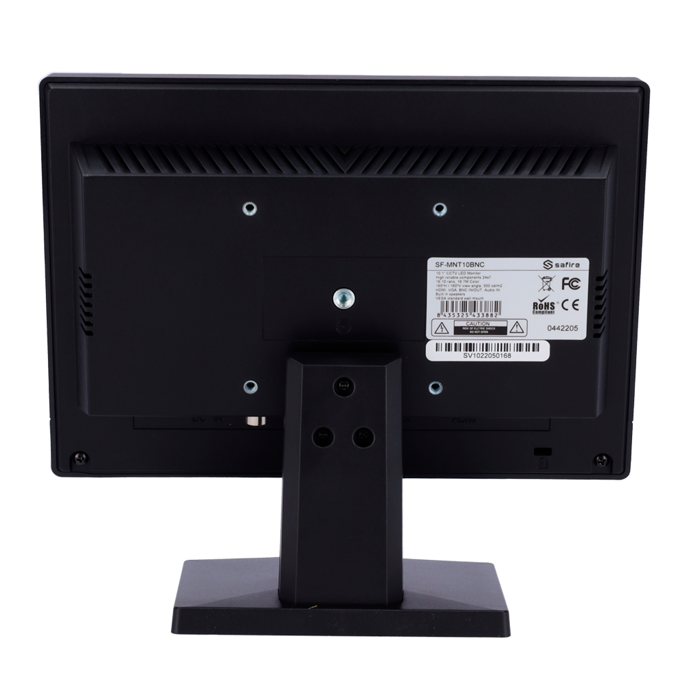 Monitor SAFIRE LED 10" - Progettato per la videosorveglianza - Formato 16:10 - VGA, HDMI, BNC loop e audio - Risoluzione 1280x800 - altoparlanti integrati