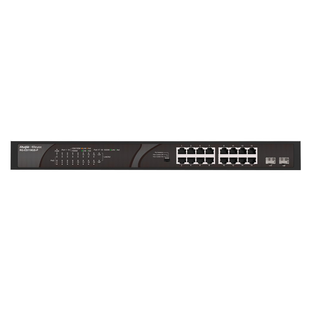 Reyee Switch PoE Sobremesa - 16 Puertos RJ45 + 2 Uplink SFP - 16 Puertos Gigabit + 2 Puertos Gigabit - 16 Puertos PoE+ 802.3af/at | Potencia total 247W - Aislado de Puertos / Flow Control - Plug and Play