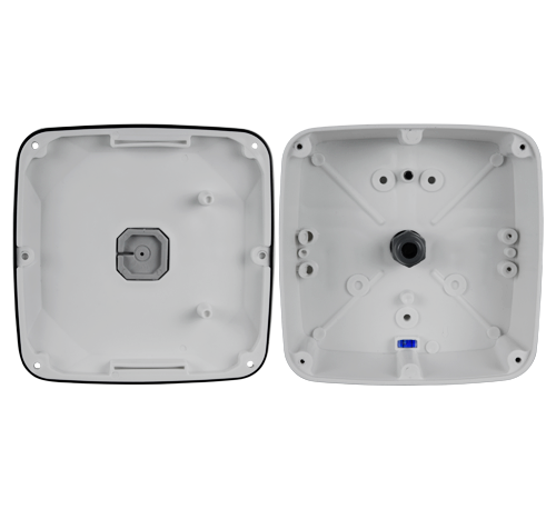 Junction box for dome cameras - Double outdoor sealing - Water level for correct positioning - Internal magnet for fixing the screws - White color - Made of PVC