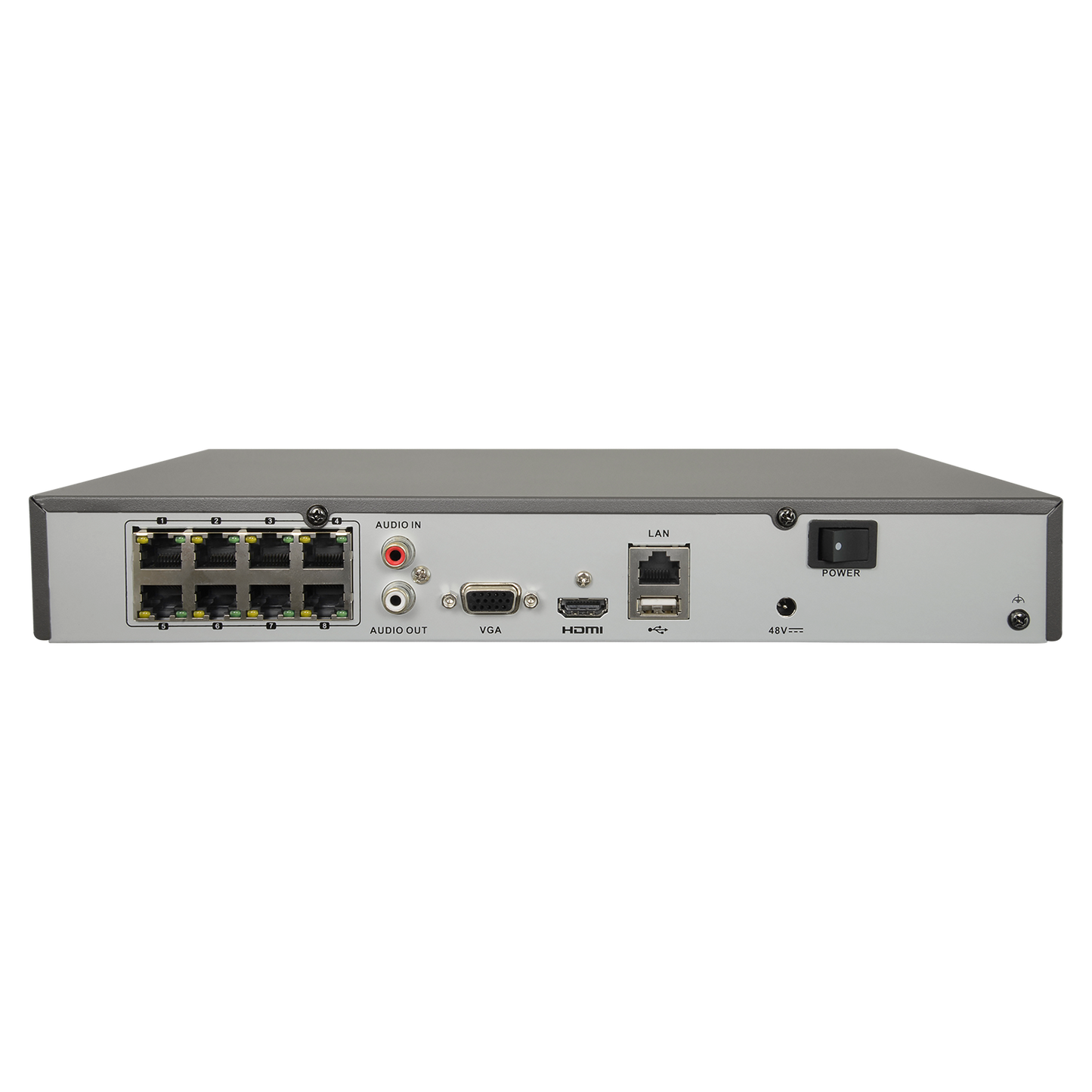NVR para cámaras IP - 8 CH vídeo / compresión H.265+ - 8 canales PoE - Resolución máxima 8Mpx - Ancho de banda 80 Mbps - Salida HDMI 4K y VGA - Permite 1 disco duro