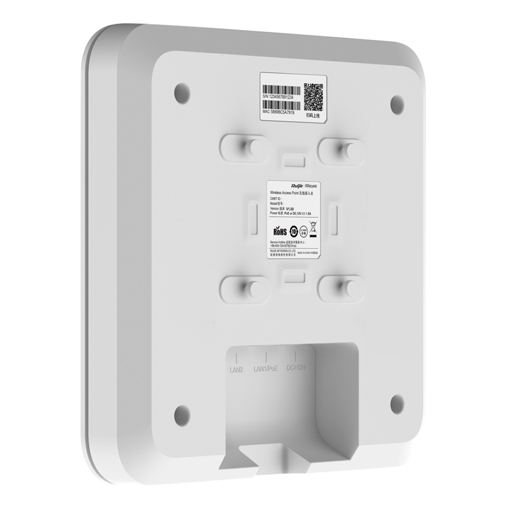 Reyee - High Density Wi-Fi 6 Omnidirectional AP - 2.4 and 5 GHz frequency - Supports 802.11a/b/g/n/ac/ax - Transmission speed up to 3200 Mbps - 4x4:4 MIMO antennas 2.4GHz, 4x4: 4 in 5GHz