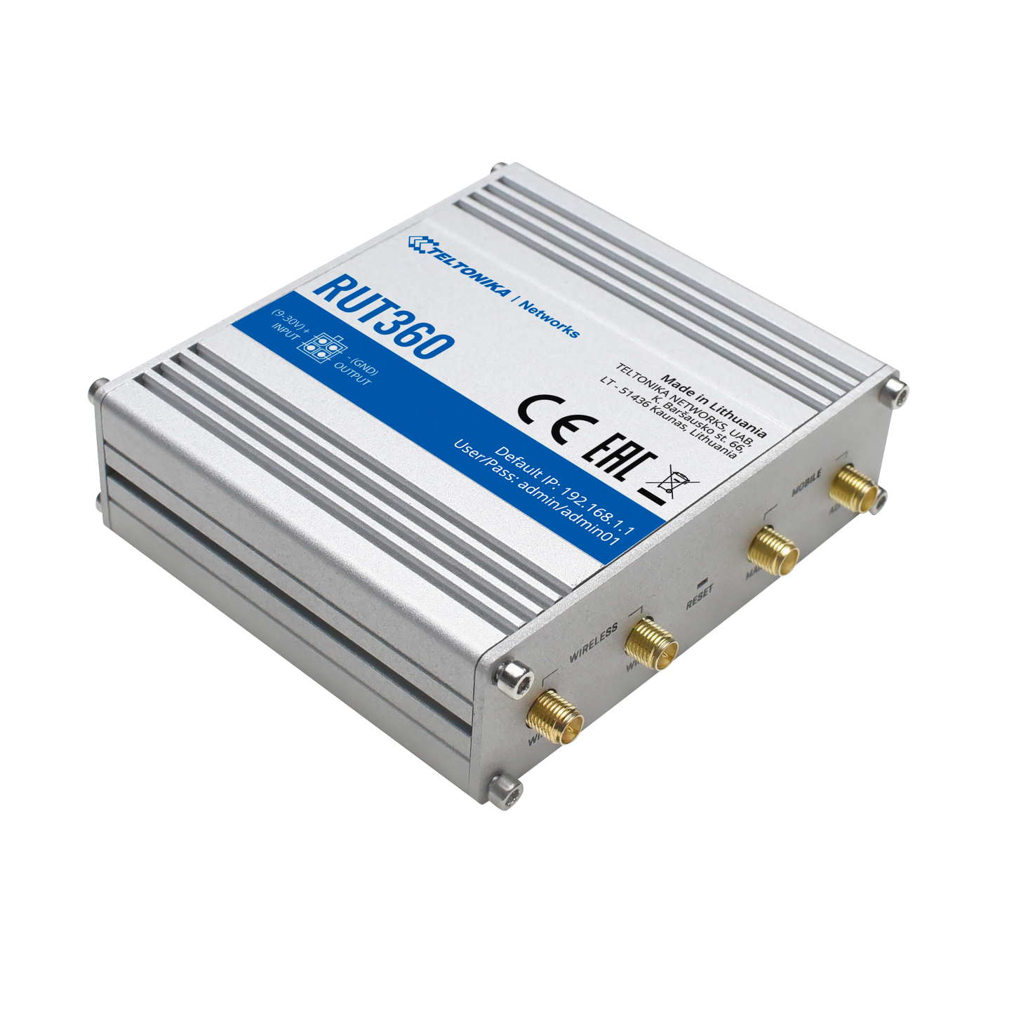 Teltonika Router 4G Industriale - 2 porte Ethernet RJ45 Fast Ethernet - 4G (LTE) Cat 6 fino a 300Mbps - 2x Ingressi + 2x Uscite Digitali - Wi-Fi 802.11b/g/n 2.4GHz - Alloggiamento in Alluminio