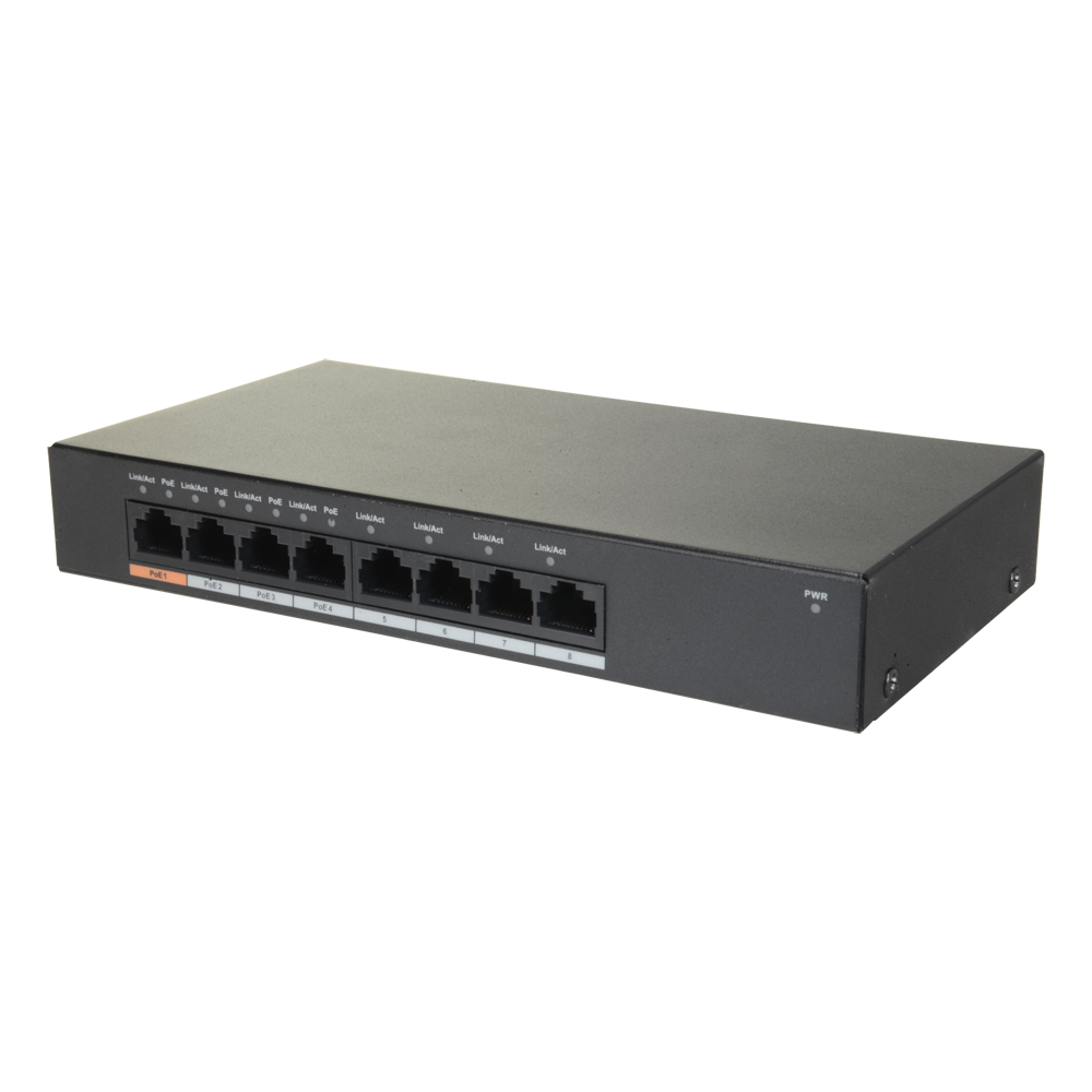 Switch PoE Branded - 8 Porte GigaBit (4 Porte PoE) - Velocità 10/100/1000 Mbps - 60W porta 1 (Hi-PoE)/ 30W porta 2-4 (PoE+/PoE) - Autoapprendimento MAC, Capacità fino a 8K in indirizzi Mac - Hi-PoE / IEEE802.3at (PoE+) / af (PoE+)