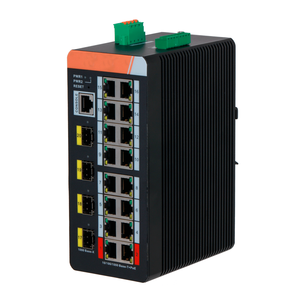 Switch PoE X-Security Carril DIN - 16 puertos PoE RJ45 + 4 puertos SFP - Velocidad 10/100/1000 Mbps - 90W puertos 1-2 / 30W puertos 3-8 / Máximo 120W - PoE/PoE+/Hi-PoE / Hasta 250m / PoE Watchdog - VLAN/STP/RSTP/ERPS/LACP/StaticLAG/IGMP Snooping