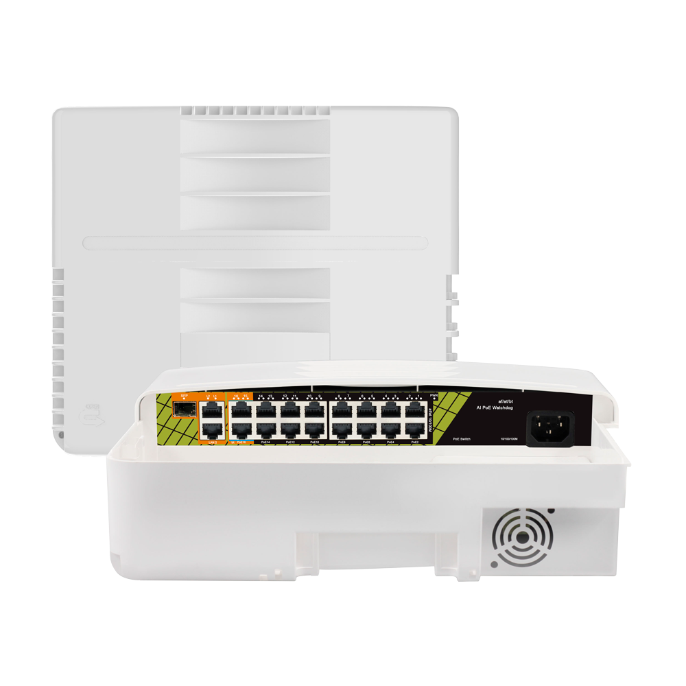 Switch PoE per esterni - 16 porte PoE + 2 Uplink RJ45 + 1 SFP - Velocità Gigabit (2 PoE + 2 Uplink + 1 SFP) - Fino a 300 W - Standard IEEE802.3at PoE+ / af PoE / bt Hi-PoE - Protezione dai Fulmini 6KV, ESD 8KV, IP65