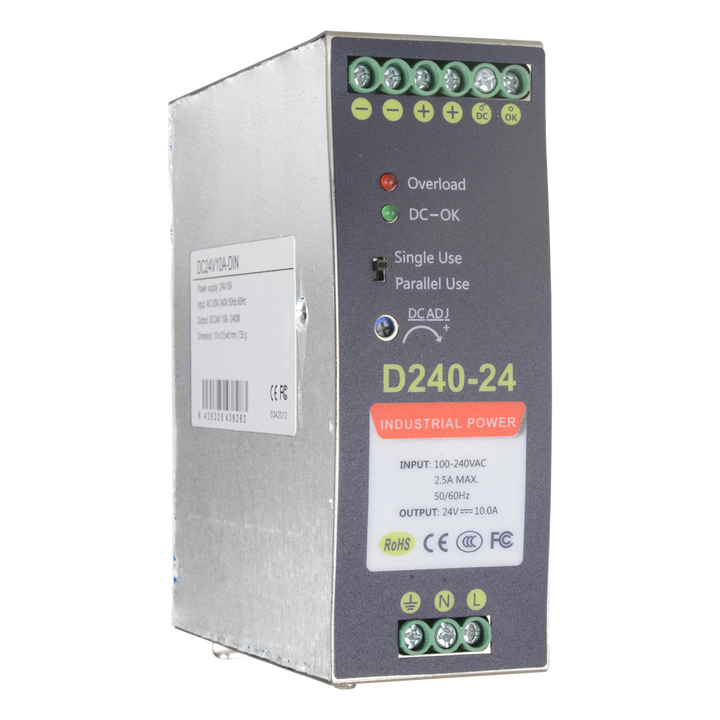 Fonte di alimentazione commutata - uscita DC 24 V 10 A / 240 W - 2 uscite - Voltaggio in entrata 90 V ~ 264 V - 100 (Fo) x 94 (Al) x 40 (An) mm - Montaggio su guida DIN