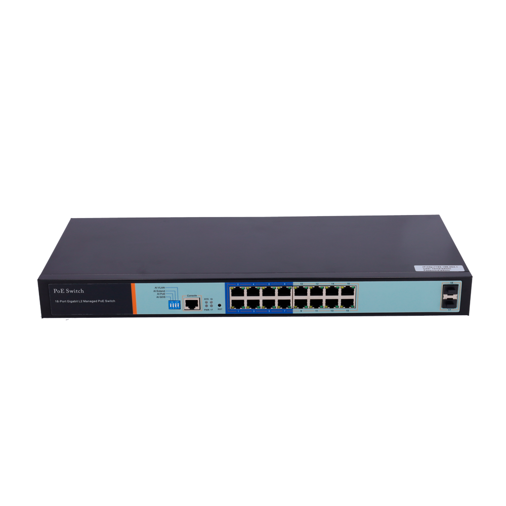 Switch PoE - 16 puertos PoE + 2 Gigabit SFP - Velocidad 10/100/1000 Mbps - 46 W por puerto/ Máximo 250W / Hasta 250m - VLAN/Aislamiento de puertos/STP/RSTP/MSTP/ACL/QoS/802.1X - LACP/DHCP Snooping/IGMP Snooping/Duplicación de puertos