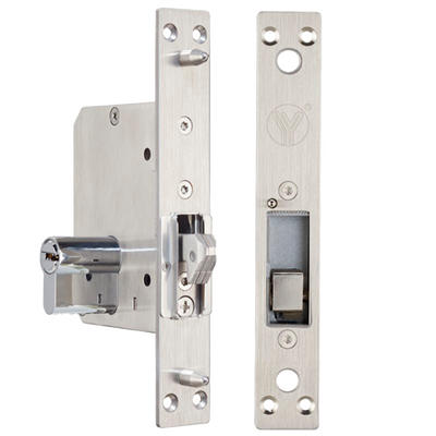 Electromechanical safety lock - Fail Secure and Fail Safe opening modes - Holding force 800 kg | Door sensor - Compatible with sliding doors - Made of SUS304 stainless steel - Euro cylinder included with keys