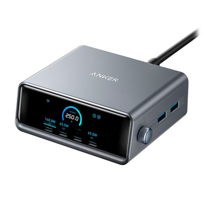 Anker - Caricabatterie da tavolo - Potenza 250W - Uscite 4x USB-C, 2x USB-A - Carica 4 dispositivi contemporaneamente - Schermo LCD | Tecnologia GaNPrime