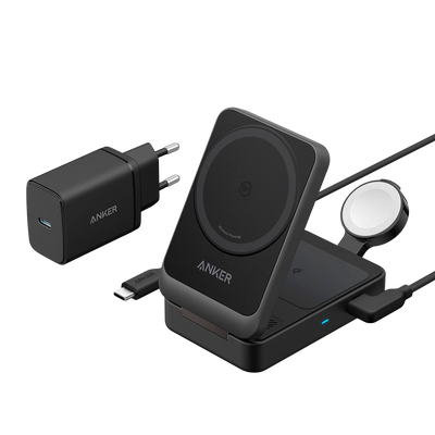 Cargador inalámbrico 3 en 1 Anker - Tecnología Magsafe - Carga rápida: iPhone, Airpods, Apple Watch - Carga 3 dispositivos a la vez - Acepta modo vertical o horizontal - Plegable | Color negro