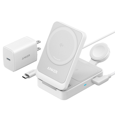 Cargador inalámbrico 3 en 1 Anker - Tecnología Magsafe - Carga rápida: iPhone, Airpods, Apple Watch - Carga 3 dispositivos a la vez - Acepta modo vertical o horizontal - Plegable | Color blanco