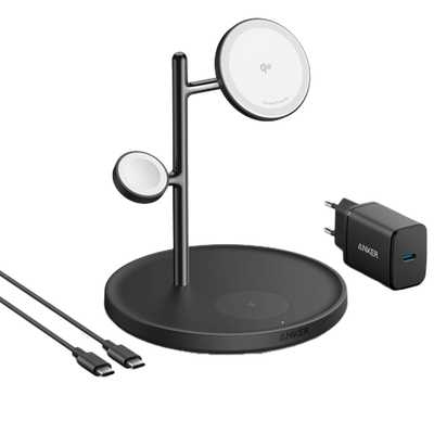 Cargador inalámbrico 3 en 1 Anker - Tecnología MagGo - Carga rápida: iPhone, Airpods, Apple Watch - Carga 3 dispositivos a la vez - Estructura para colocar dispositivos - Color negro