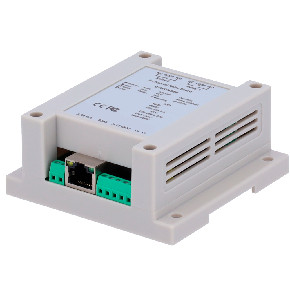 Modulo di acquisizione e controllo dati - 2 ingressi digitali / 2 uscite relè (NA/NC) - Protocolli: Modbus/TCP, TCP/IP, UDP, HTTP,... - Server web integrato - 1 porta Ethernet 10/100 Base-TX, 1 porta WiFi - Alimentatore non incluso (12VDC/1A)
