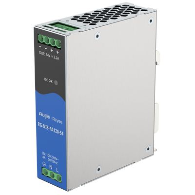 Fuente de alimentación Industrial Reyee - Salida DC 54 V 2,2A / 120 W - 2 salidas DC - Voltaje entrada 100 V ~ 240 V - 125 (Al) x 35 (An) x 100 (Fo) mm - Montaje en carril DIN