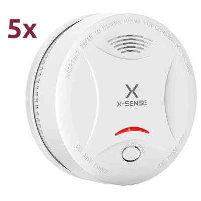 Pack de 5 detectores de humo autónomo X-Sense - Duración de la batería 10 años (no reemplazable) - Indicador luminoso de alarma - Alarma sonora 85 dB a 3m - Botón de Test - Certificado EN 14604