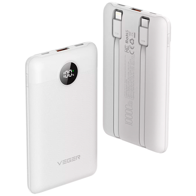 VEGER Power bank con display LCD - Capacità 10000mAh - Ingressi Lightning, USB-C, Cavo USB-C - Uscite USB-A, USB-C e cavi integrati - Cavi integrati: USB-C e Lightning - Ricarica rapida | 3 dispositivi contemporaneamente