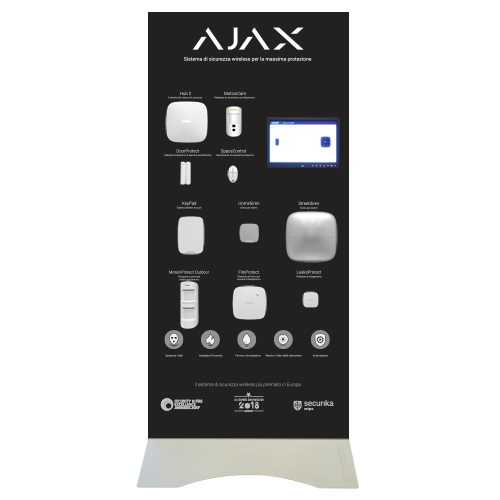 Vertical Ajax demonstration display - Grade 2 professional alarm kit - Ajax MotionCam for sending images - Ethernet and GPRS communication - Wireless 868 MHz Jeweler - Mobile App and PC Software / Color white