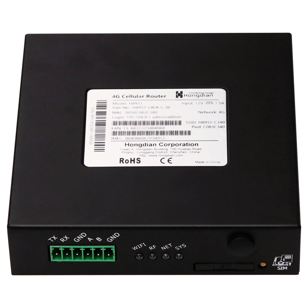 Hongdian Router Industriale 4G - 4G Cat 4 - GPS - 2 porte Ethernet RJ45 Fast Ethernet  - Slot per scheda SIM 4G/3G - Porte RS232/RS485 - Wi-Fi 802.11b/g/n 2.4GHz