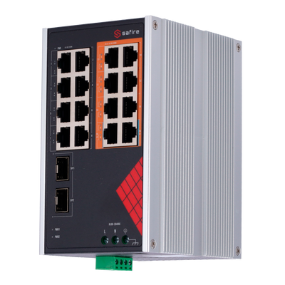 Safire Switch Industrial Power Supply AC 90~264V - 16 Gigabit ports + 2 Gigabit SFP - 6 PoE+ ports 30W + 2 Hi-PoE ports 60W - PoE Watchdog - Power 130W Total PoE power - Installation in DIN carriage