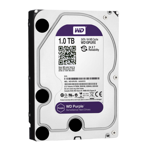 Hard Disk - 1 TB capacity - SATA 6 GB/s interface - Model WD10PURX - Special for video recorders - Alone or installed on DVR