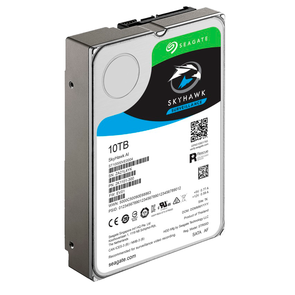 Disco duro Seagate Skyhawk - Capacità 10 TB - Interfaccia SATA 6 GB/s - Fino a 32 trasmissioni di intelligenza artificiale - Modello ST10000VE0008 - Speciale per videoregistratore di rete (NVR)