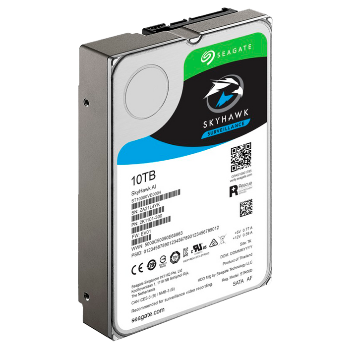 Disco duro Seagate Skyhawk - Capacità 10 TB - Interfaccia SATA 6 GB/s - Fino a 32 trasmissioni di intelligenza artificiale - Modello ST10000VE0008 - Speciale per videoregistratore di rete (NVR)