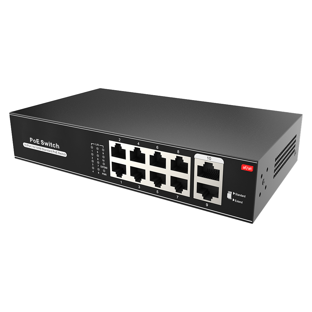 Switch PoE - 8 porte PoE + 2 Uplink RJ45 - Velocità 10/100 Mbps - Funzioni: Ai VLan/QOS/CCTV Extend/PoE - Standard IEEE802.3af (PoE) / a (PoE+) - Fino 100W in totale per tutte le porte