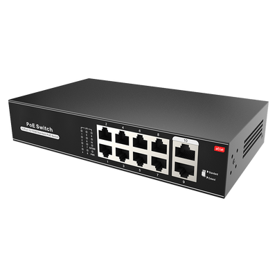Switch PoE - 8 porte PoE + 2 Uplink RJ45 - Velocità 10/100 Mbps - Funzioni: Ai VLan/QOS/CCTV Extend/PoE - Standard IEEE802.3af (PoE) / a (PoE+) - Fino 100W in totale per tutte le porte