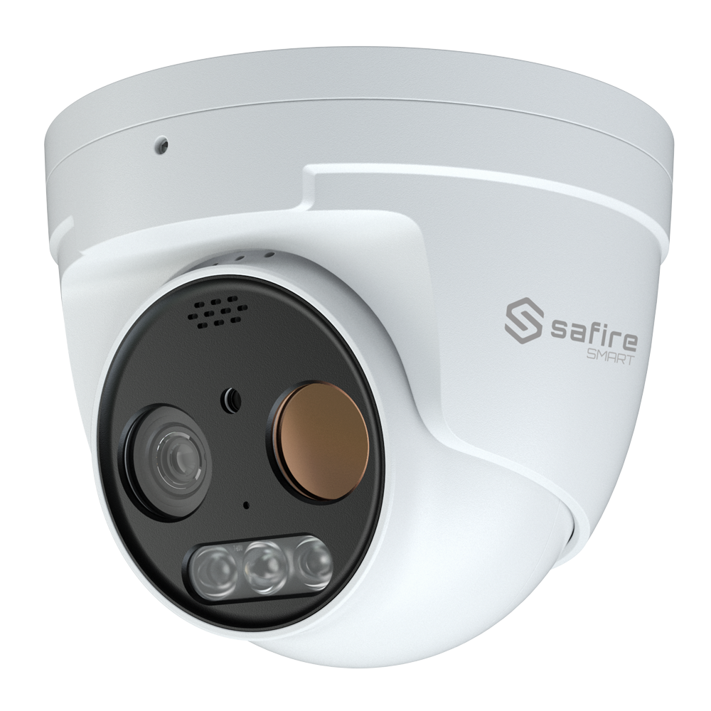 Cámara térmica Dual Turret IP Safire Smart - Sensor térmico 256x192 VOx | Lente 3.2 mm - Sensor óptico 1/2.7” 5 Mpx | Lente 4 mm - Sensibilidad térmica ≤ 50mK - AI basado en clasificación de humano y vehículo - Rango medición temp -20~150ºC / ± 8ºC