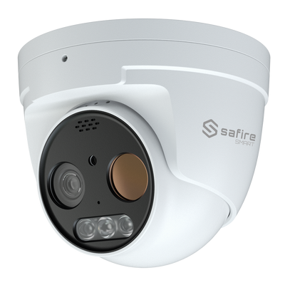 Cámara térmica Dual Turret IP Safire Smart - Sensor térmico 256x192 VOx | Lente 3.2 mm - Sensor óptico 1/2.7” 5 Mpx | Lente 4 mm - Sensibilidad térmica ≤ 50mK - AI basado en clasificación de humano y vehículo - Rango medición temp -20~150ºC / ± 8ºC