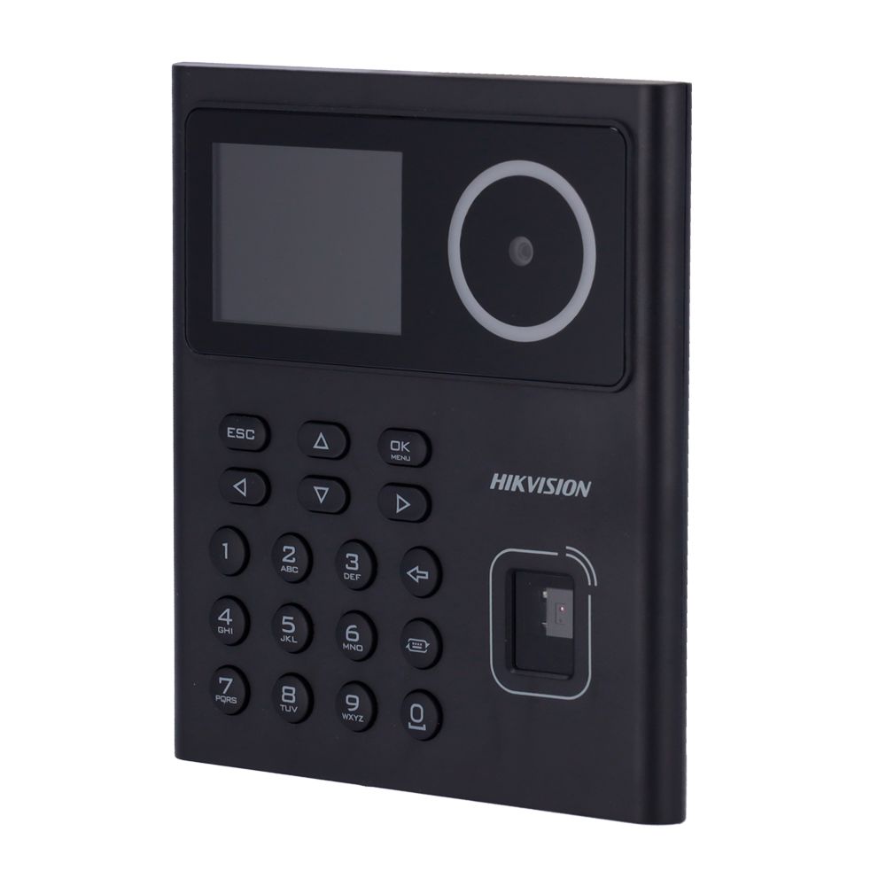 Control de acceso y asistencia - Reconocimiento facial, huella, tarjeta EM y PIN - 500 usuarios | 100.000 registros - TCP/IP y USB - Controlador integrado (sensor, botón y relé) - iVMS-4200 | Hik-Conectar