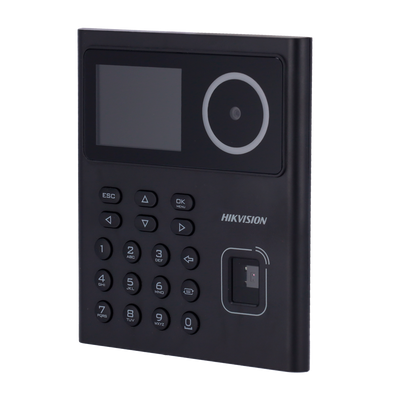 Control de acceso y asistencia - Reconocimiento facial, huella, tarjeta EM y PIN - 500 usuarios | 100.000 registros - TCP/IP y USB - Controlador integrado (sensor, botón y relé) - iVMS-4200 | Hik-Conectar