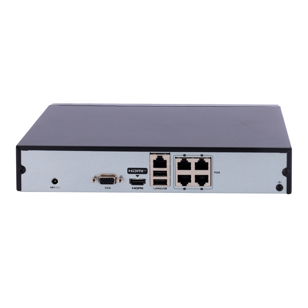 Hikvision - Gamma CORE - Videoregistratore NVR per telecamere IP - 4 CH video PoE 36 W / Risoluzione massima 6 Mp - Larghezza di banda 40 Mbps - Ammette 1 hard disk