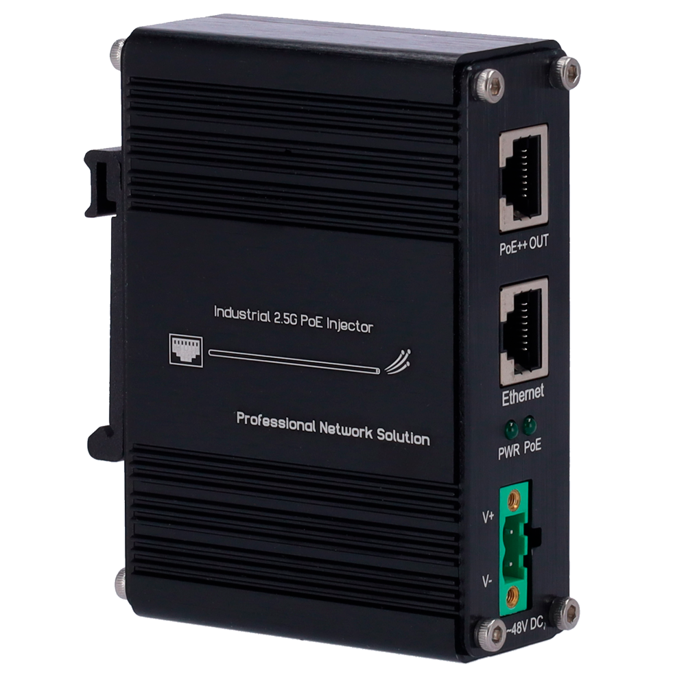 Iniettore Industriale Hi-PoE - Ingresso RJ45 10/100/1000/2,5 Base-T - Potenza totale 60 W - Distanza massima 100 m - PoE/PoE+/PoE++ IEEE802.3af/at/bt - Stabilizzato e protetto