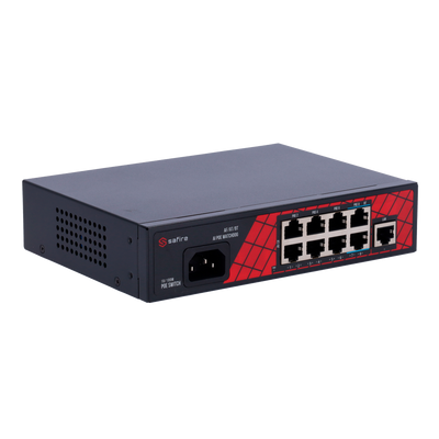 Switch Safire Hi-PoE - 8 puertos PoE + 1 Uplink RJ45 - Velocidad de puerto 10/100Mbps - 6 puertos PoE+ 30W + 2 puertos Hi-PoE 60W - Potencia PoE total 120W - Watchdog PoE / Auto PoE Alcance extendido 250m