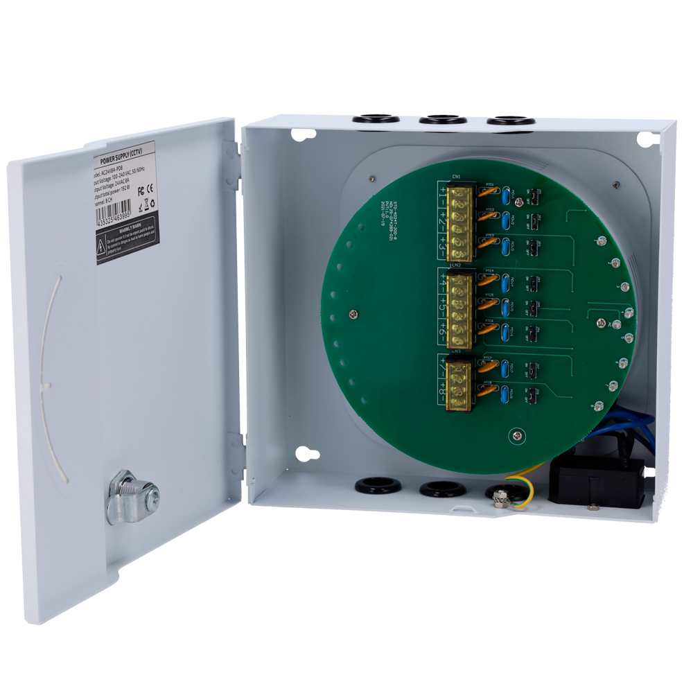 Scatola di distribuzione di alimentazione  - Ingresso AC 100-240 V 50/60 Hz  - 8 canali - Protezione da fusibile PTC riarmabile - Tensione in uscita 24 V / 8A - Corpo metallico - Innowatt