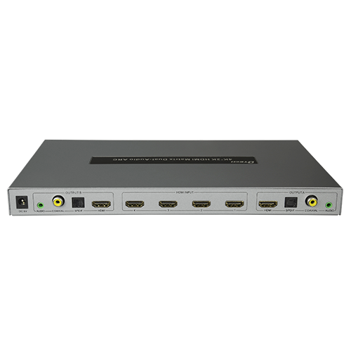 HDMI signal multiplier - 4 HDMI inputs - 2 HDMI outputs - Up to 4K (in and out) - Maximum output length 15m - DC 5V power supply