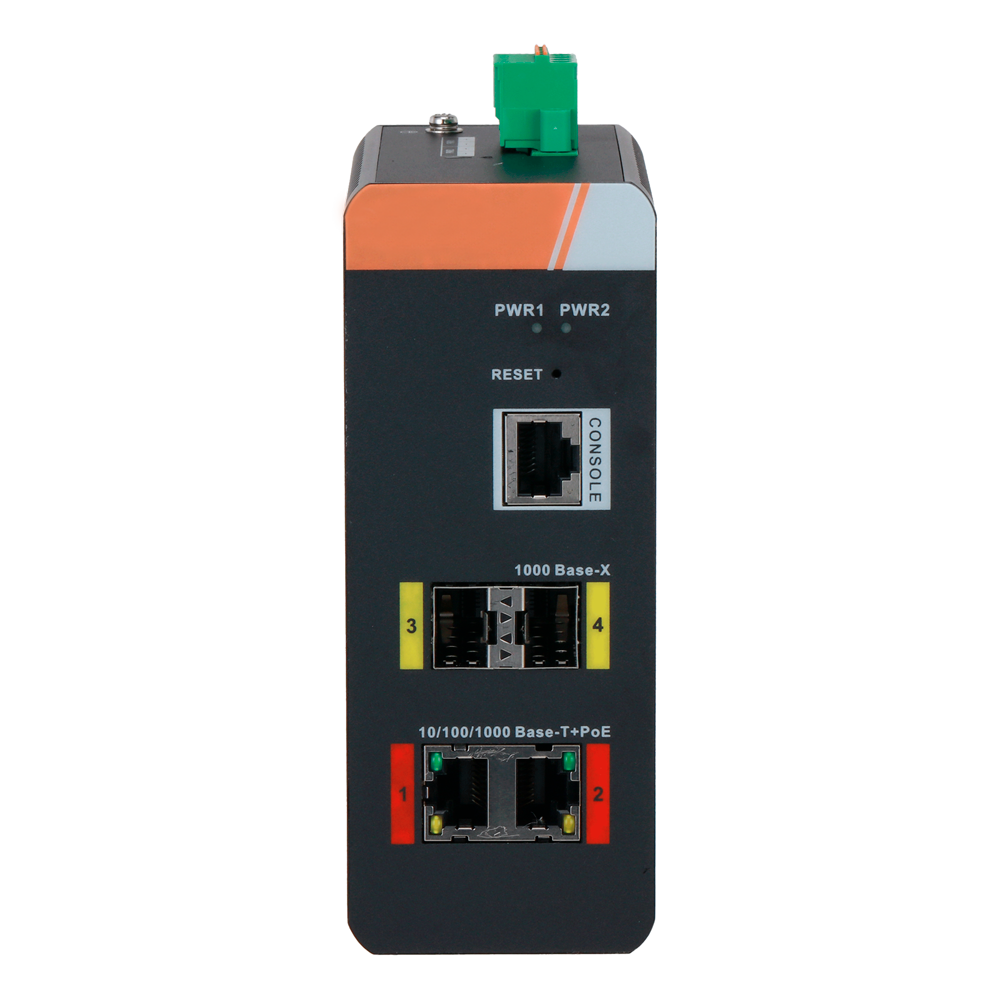Switch PoE X-Security Carril DIN - 2 puertos PoE RJ45 + 2 SFP - Velocidad 10/100/1000 Mbps - 90W puertos 1-2 / Potencia Total Máxima 120W - PoE / PoE+ / Hi-PoE / Hasta 250m / PoE Watchdog - VLAN/STP/RSTP/ERPS/LACP/StaticLAG/IGMP Snooping