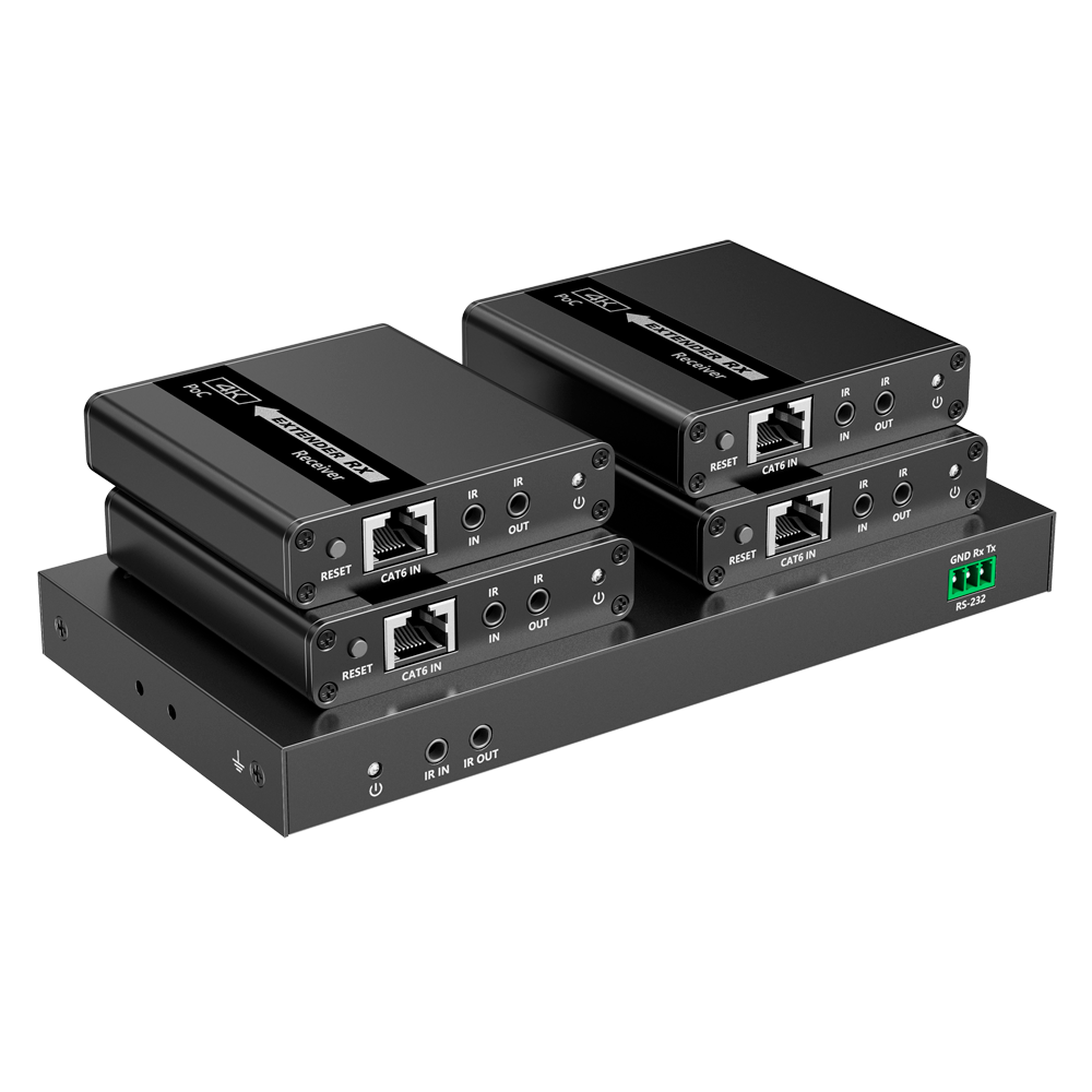 Splitter-Extensor HDMI1x4 - 1 transmisor / 4 receptores - Resolución hasta 4K@30Hz - Alcance hasta 70m - Sobre cable UTP CAT6/6A/7 - Control RS232