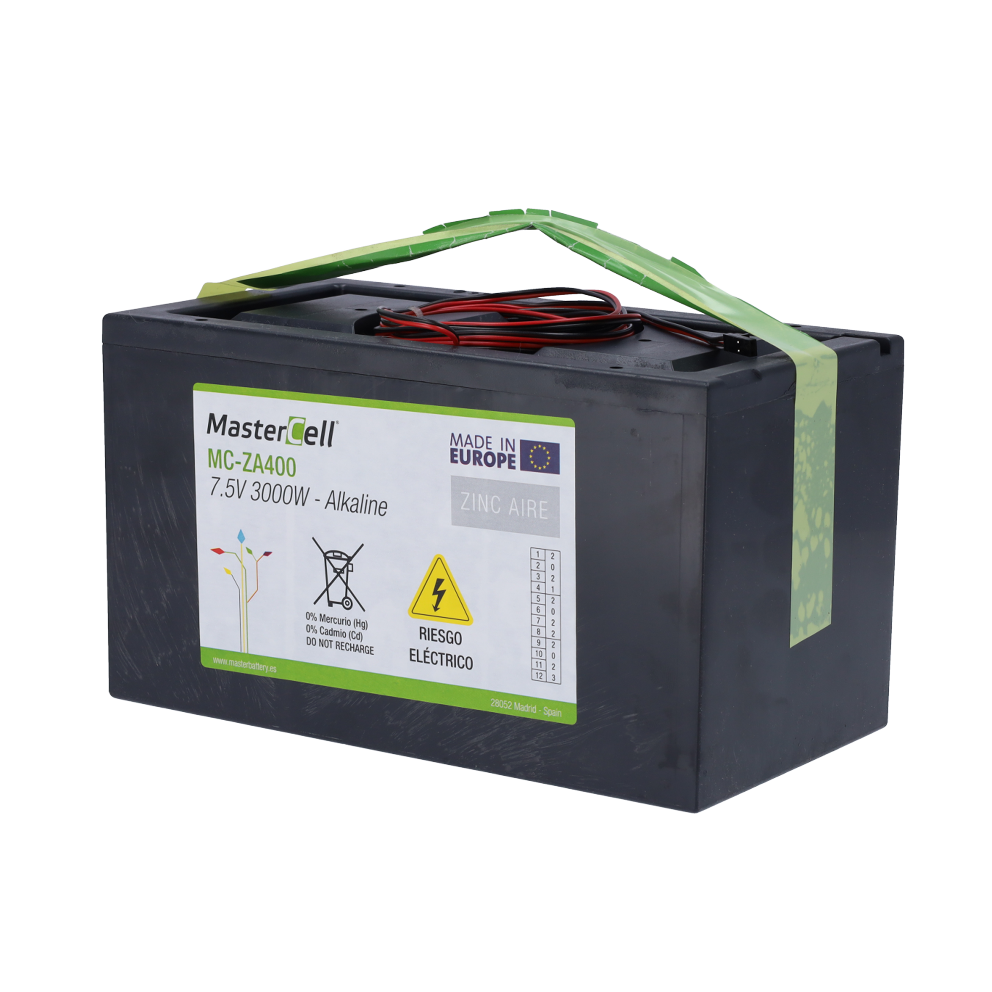 Batería zinc-aire - Voltage 7.5 V - Capacidad 3000 Wh - Connector MOLEX - 120 x 125 x 221.6 mm / 5650 g - Back pad or direct use