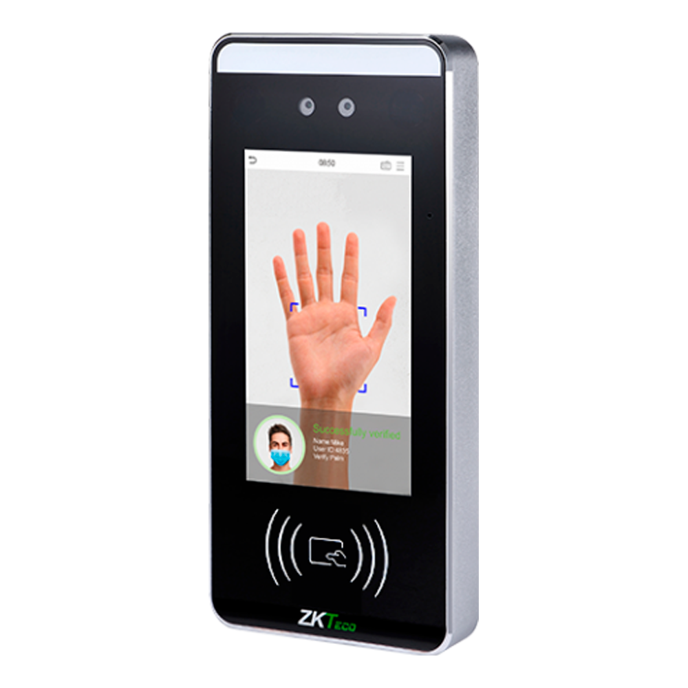 Control de acceso y asistencia - Reconocimiento facial, de palma, de tarjeta EM/MF y PIN - 6.000 rostros | 200.000 registros - Pantalla táctil TFT de 5" - TCP/IP y WiFi - Compatible con software ZKTeco