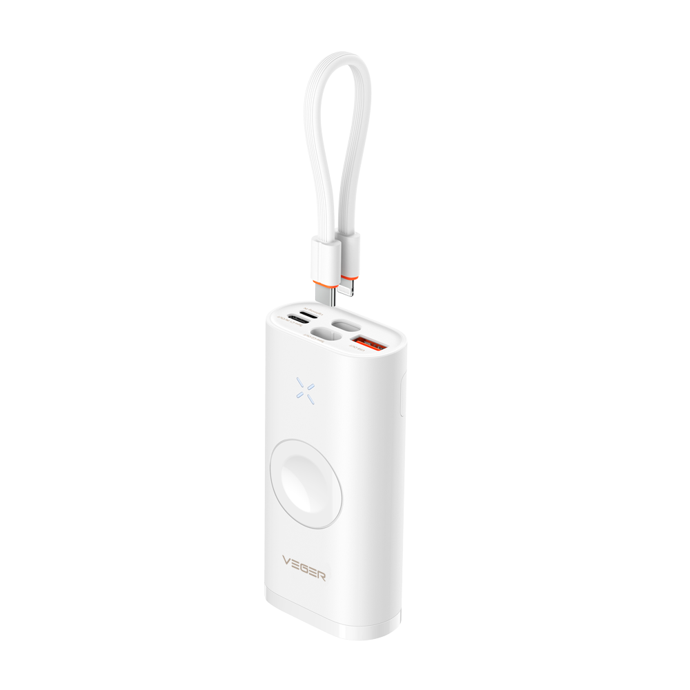 VEGER - Mini Power Bank con LEDs de carga - Capacidad 10000mAh - Carga rápida 25W - Entradas USB-C, Lightning / USB-A,C, Inalámbrica - Carga 3 dispositivos a la vez