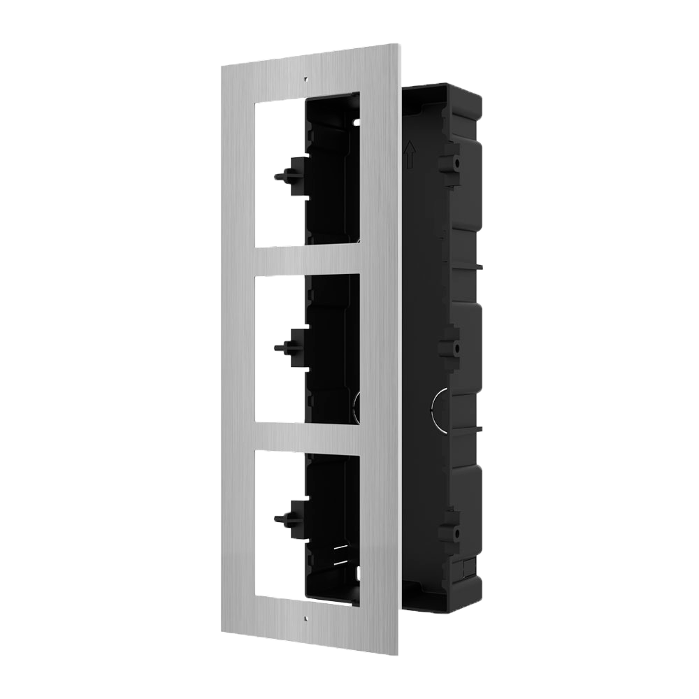 Pannello frontale e scatola di registro da incasso - Per 3 moduli - Specifico per i videocitofoni Hikvision - Compatibile con i moduli Hikvision - Scatola in plastica - Pannello fabbricato in acero inossidabile