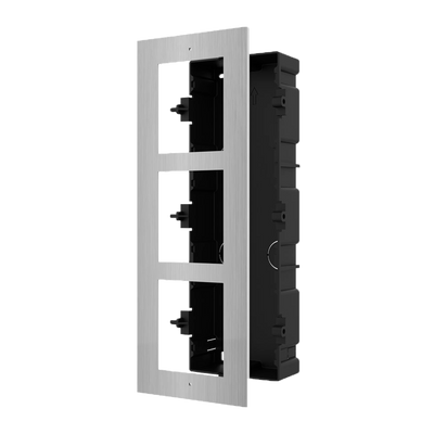 Front panel and recessed register box - For 3 modules - Specific for Hikvision video intercoms - Compatible with Hikvision modules - Plastic box - Panel made of stainless maple