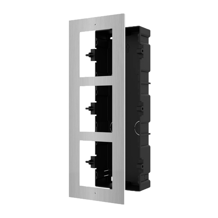 Pannello frontale e scatola di registro da incasso - Per 3 moduli - Specifico per i videocitofoni Hikvision - Compatibile con i moduli Hikvision - Scatola in plastica - Pannello fabbricato in acero inossidabile