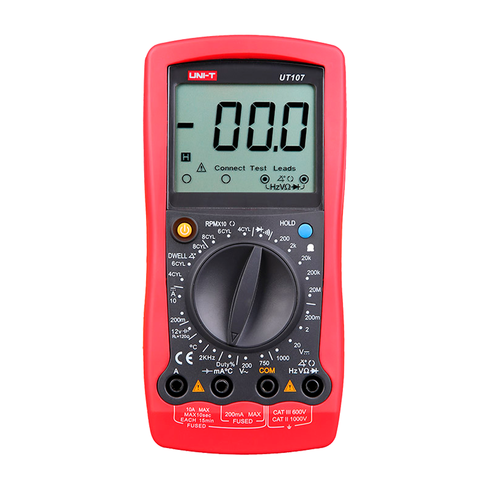 Multimetro digitale speciale per automobili - Misurazione della tensione DC e AC fino a 1000V - Misura della corrente DC fino a 10A - Alta precisione AC con funzione True RMS - Misurazione della resistenza, frequenza, temperatura - Buzzer per test di cont