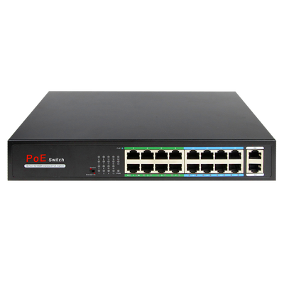 PoE Switch - 16 RJ45 ports + 2 RJ45 Uplink - 16x 10/100Mbps + 2x 10/100/1000Mbps - 16 PoE 802.3af/at ports up to 30W for each port - Total PoE power 160W - Extended PoE up to 250m Ports 9- 16