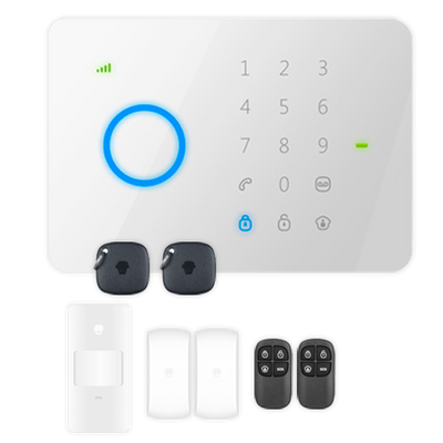 Home alarm kit - Touch panel with GSM module - Sending alarms via SMS and calls - Volumetric PIR detector - 2 magnetic contacts for door / window - Includes 2 remote controls and 2 RFID cards