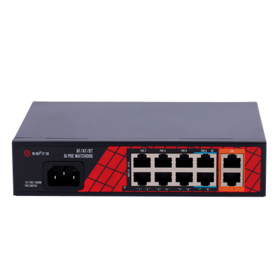 Switch Safire Hi-PoE - 8 Puertos PoE + 2 Uplinks RJ45 - Híbrido 8x10/100Mbps + 2x10/100/1000Mbps - 6 Puertos PoE+ 30W + 2 Puertos Hi-PoE 60W - Watchdog PoE - Hasta 120W de Potencia PoE total